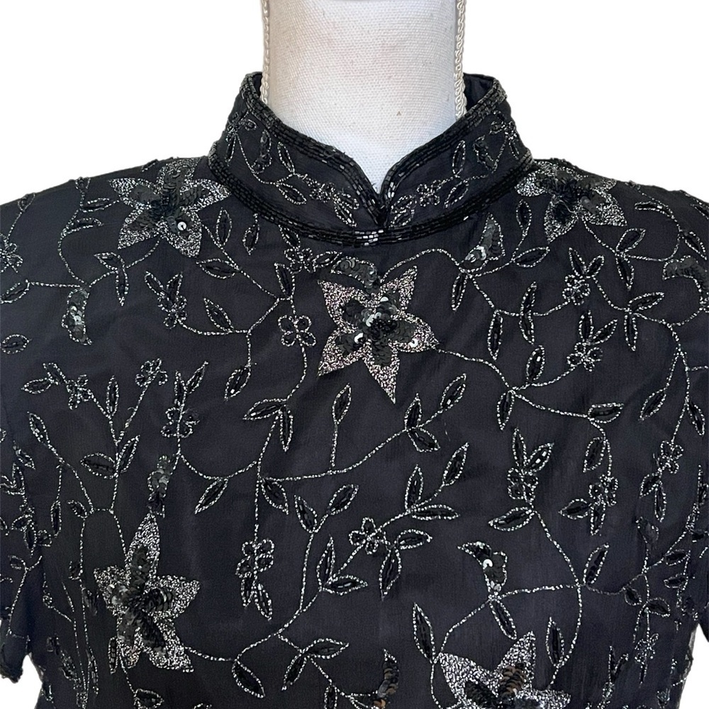 Papell Boutique Top Women’s Size XL Black Beaded Floral ShortSleeve Silk Lined - Picture 3 of 6